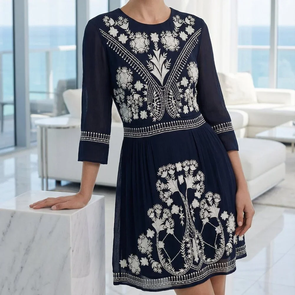 french connection women's embroidered dress French Connection Womens Emilia V-Neck Embroidered Maxi Dress